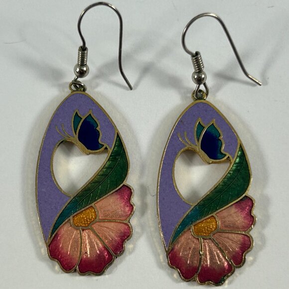 Purple Green Enamel Butterfly Flower Dangle Earrings Teardrop Shape Silver Tone - Picture 2 of 7